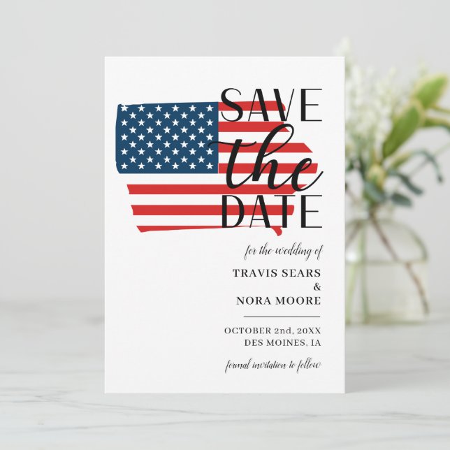 Patriotic US State Iowa Destination Wedding Save The Date (Standing Front)