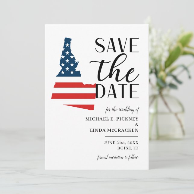 Patriotic US State of Idaho Destination Wedding Save The Date (Standing Front)