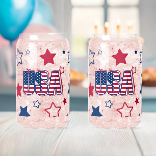 Patriotic USA, 1776, 4th of July Red, White & Blue Can Glass