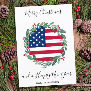 Patriotic USA American Flag Christmas Wreath Holiday Card