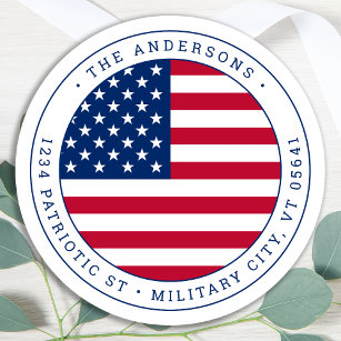 Patriotic USA American Flag Circle Return Address Classic Round Sticker