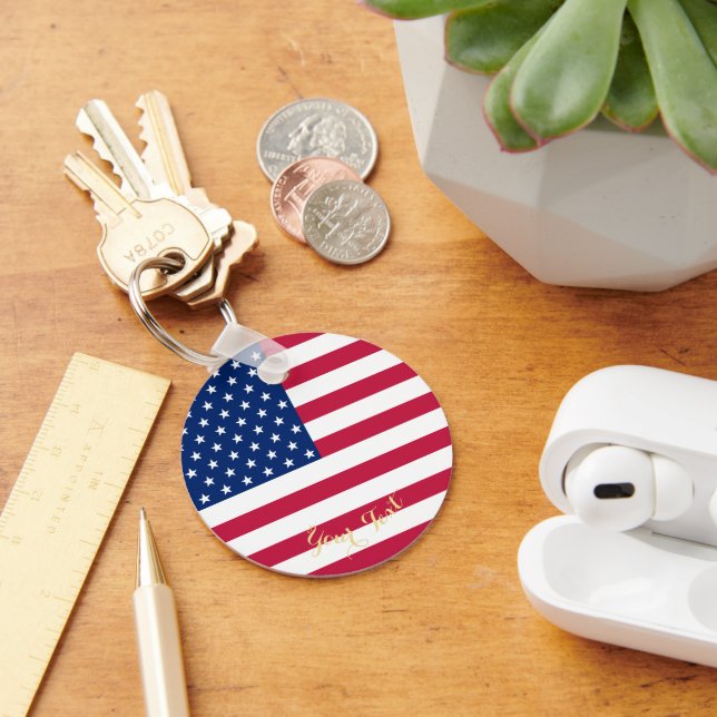 Patriotic USA American Flag Faux Gold Monogrammed Key Ring (Desk)