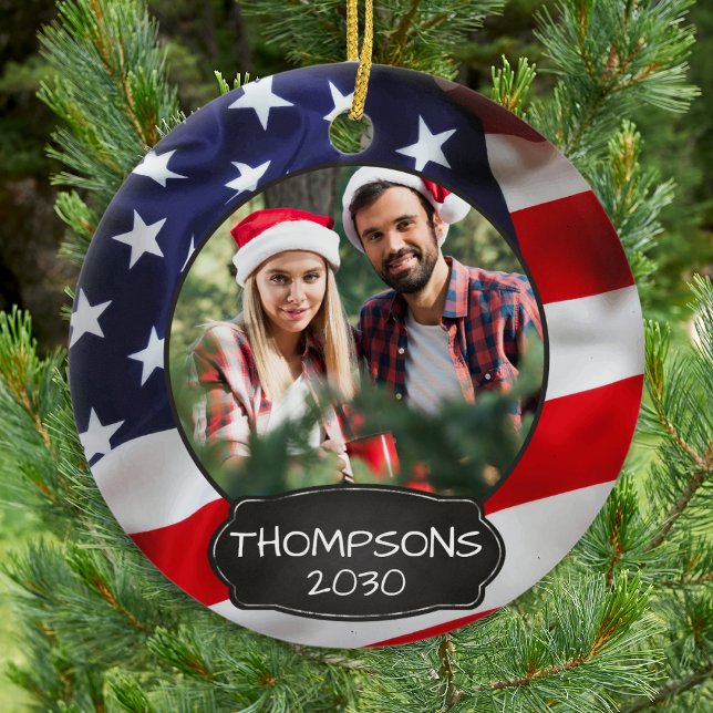 Patriotic USA American Flag Personalized 2 Photo Ceramic Ornament (Creator Uploaded)