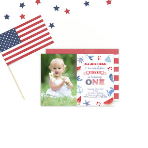 Patriotic USA Beach 1st Birthday Party Picture Invitation