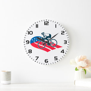 Patriotic USA Cycling American Flag Bike Rider  Large Clock