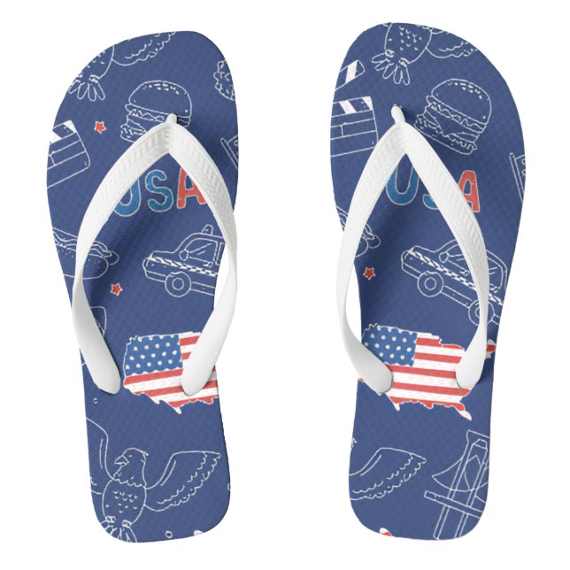 Patriotic USA Doodle Pattern Blue American Flag  Thongs (Footbed)