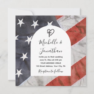 Patriotic USA Flag Christian Cross Bible Wedding  Invitation
