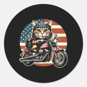 Patriotic Usa Flag Funny Motorcycle Cat 4th Of Classic Round Sticker