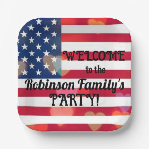Patriotic USA Flag hearts with calligraphy text Paper Plate