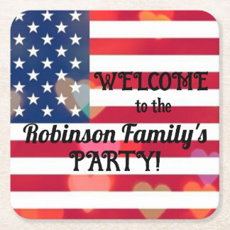 Patriotic USA Flag hearts with calligraphy text  Square Paper Coaster