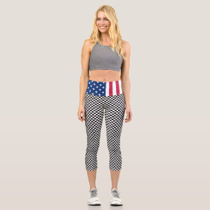 Patriotic USA Flag Modern Black White Chequered Capri Leggings