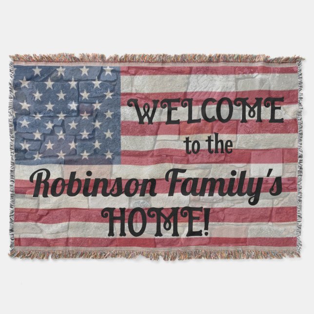 Patriotic USA Flag on Stone Wall Calligraphy Text  Throw Blanket (Front)