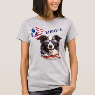 Patriotic USA Flag Paw Print Border Collie Dog T-Shirt