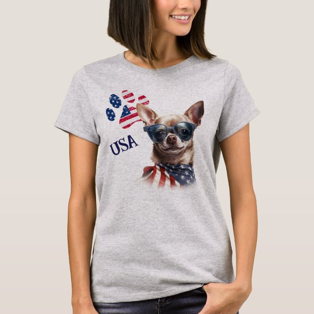 Patriotic USA Flag Paw Print Chihuahua Dog T-Shirt (Front)