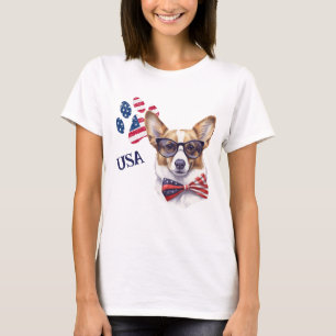 Patriotic USA Flag Paw Print Corgi Dog T-Shirt