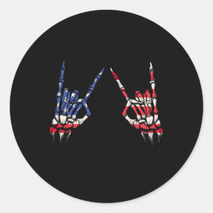 Patriotic Usa Flag Skeleton Rock On Devil Horns 4t Classic Round Sticker
