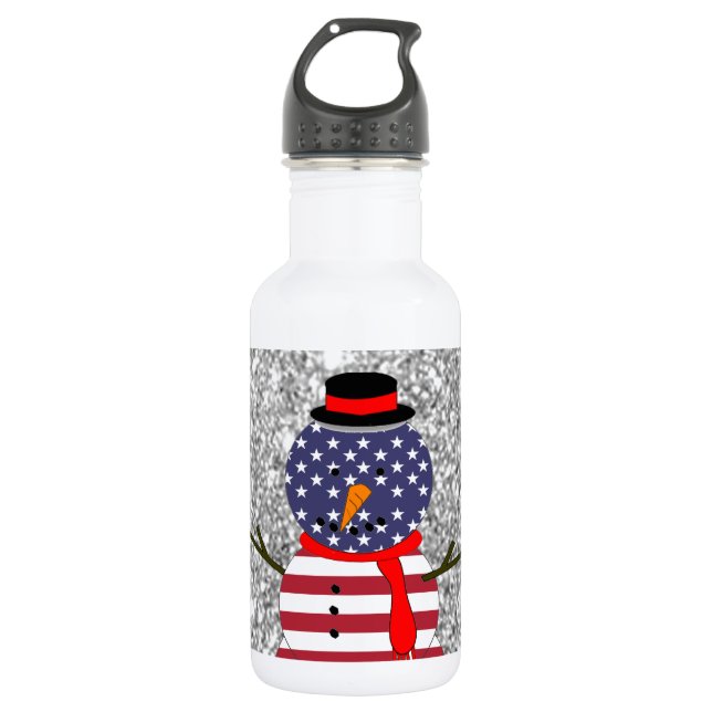 Patriotic USA flag Snowman Glitter Christmas 532 Ml Water Bottle (Front)