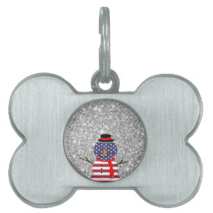 Patriotic USA flag Snowman Glitter Christmas Pet ID Tag