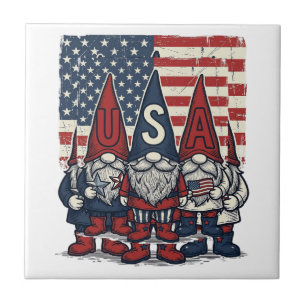 Patriotic USA Gnome Trio Vintage Vector Design_1 Ceramic Tile