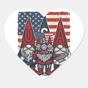 Patriotic USA Gnome Trio Vintage Vector Design_1 Heart Sticker
