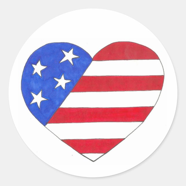 Patriotic USA July 4th American Flag Heart Love Classic Round Sticker (Front)