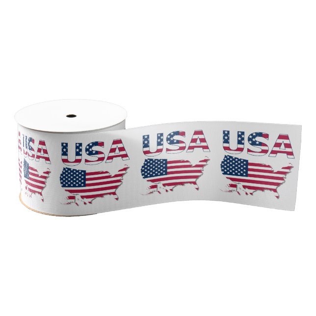 Patriotic USA Lettering and American Flag Over Map Grosgrain Ribbon (Spool)