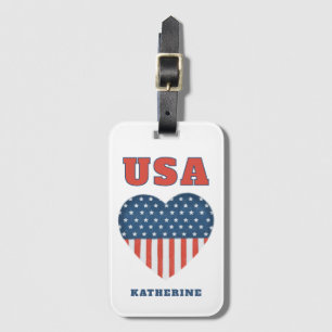 Patriotic USA Love American Flag Heart Custom Name Luggage Tag