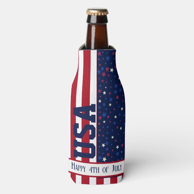 Patriotic USA Party Celebration Happy 4th of July Bottle Cooler (Bottle Front)