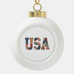 Patriotic USA Patchwork Vintage Americana Quilt 4t Ceramic Ball Christmas Ornament