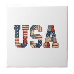 Patriotic USA Patchwork Vintage Americana Quilt 4t Ceramic Tile