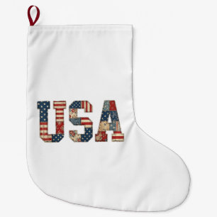 Patriotic USA Patchwork Vintage Americana Quilt 4t Large Christmas Stocking
