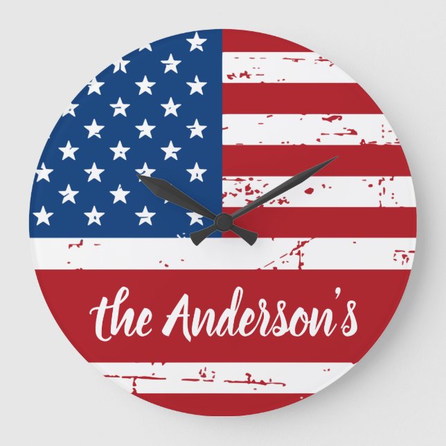 Patriotic USA Personalised Name American Flag Large Clock (Front)