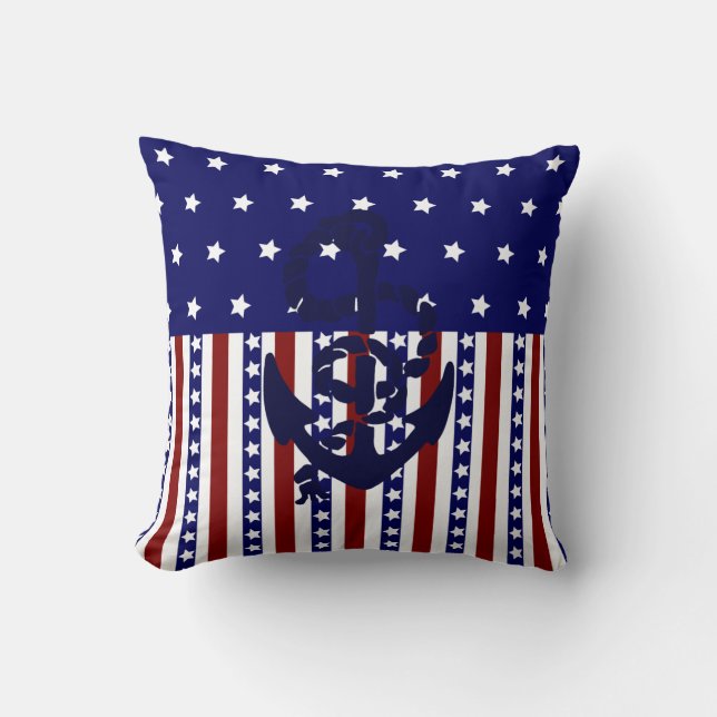 Patriotic USA Stars Stripes Nautical Anchor Pillow (Front)