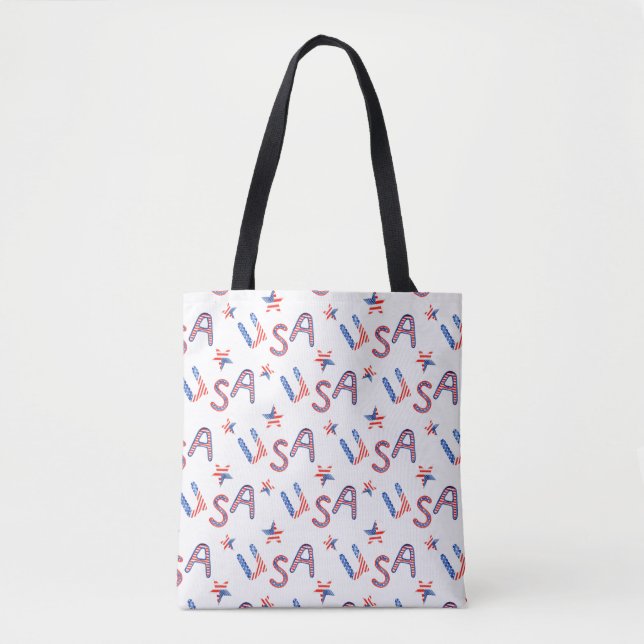Patriotic USA Themed Tote Bag with Black Handles (Front)