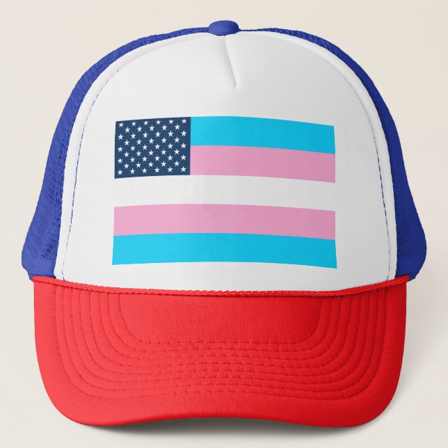 Patriotic USA Trans Pride Flag Trucker Hat (Front)
