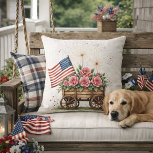 Patriotic Wagon With Roses and Fireworks Americana Cushion