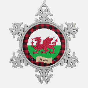 Patriotic Wales, Red buffalo plaid & Welsh Flag Snowflake Pewter Christmas Ornament
