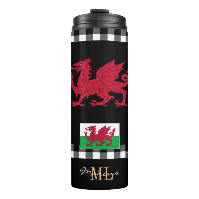 Patriotic Wales travel Mug, Cymru, Welsh Flag Thermal Tumbler (Front)