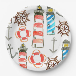 Patriotic watercolor lighthouse paper plate