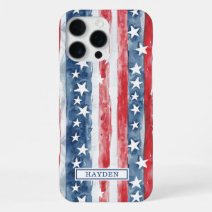 Patriotic Watercolor Stars and Stripes Monogrammed iPhone 16 Pro Max Case