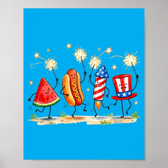 Patriotic Watermelon Hotdog Firework Cute Meme 4th Poster (Front)