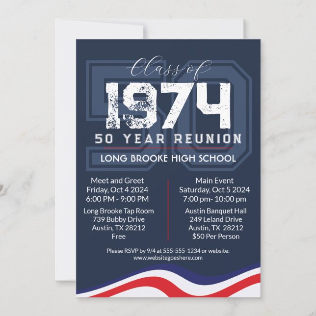 Patriotic Waves 50 Year High School Class Reunion Invitation (Front)