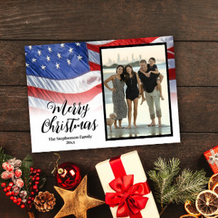 Patriotic Waving American Flag Christmas Photo Holiday Card
