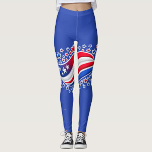 Patriotic Wavy American Flag with Stars   Red Whit Leggings