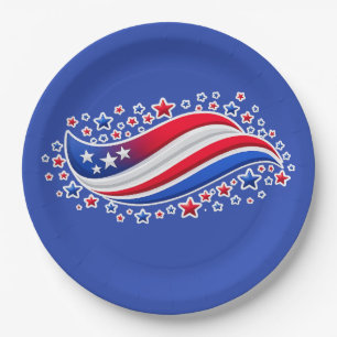 Patriotic Wavy American Flag with Stars   Red Whit Paper Plate