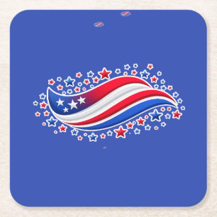 Patriotic Wavy American Flag with Stars   Red Whit Square Paper Coaster
