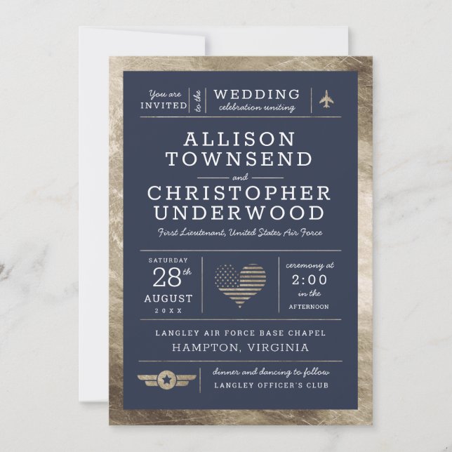 Patriotic Wedding Stars and Stripes Faux Gold Foil Announcement (Front)