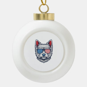 Patriotic Westie Dog Sunglasses Vintage Vector Art Ceramic Ball Christmas Ornament