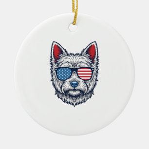 Patriotic Westie Dog Sunglasses Vintage Vector Art Ceramic Ornament