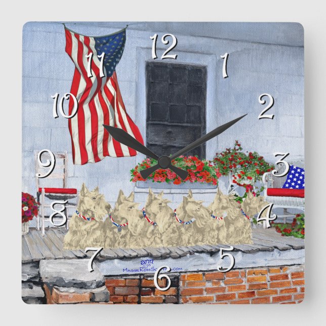 Patriotic Wheaten Scottish Terriers Square Wall Clock (Front)
